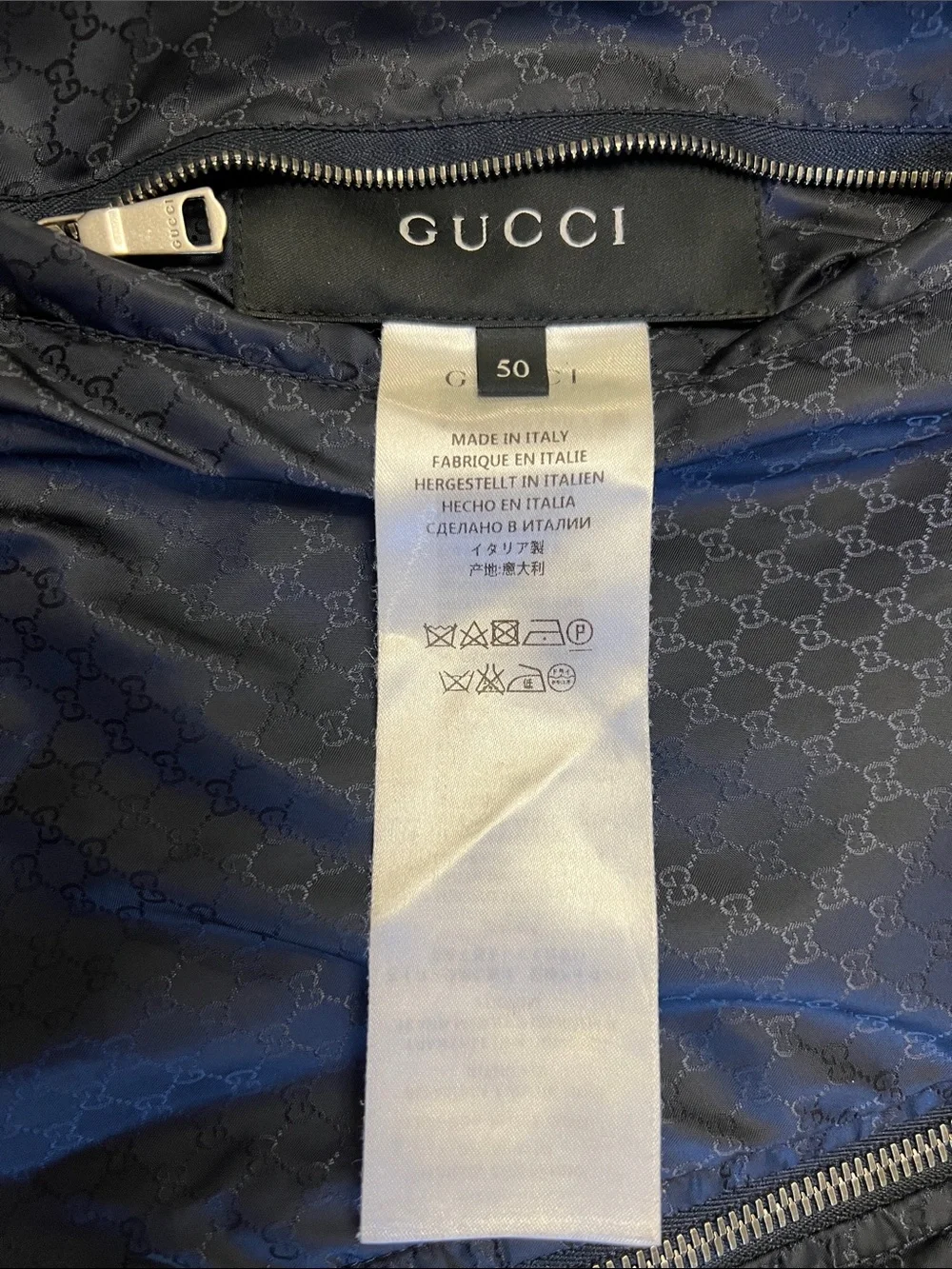 Authentic Gucci Reversible GG Monogram Nylon Bomber Jacket Navy Blue IT 50 LARGE